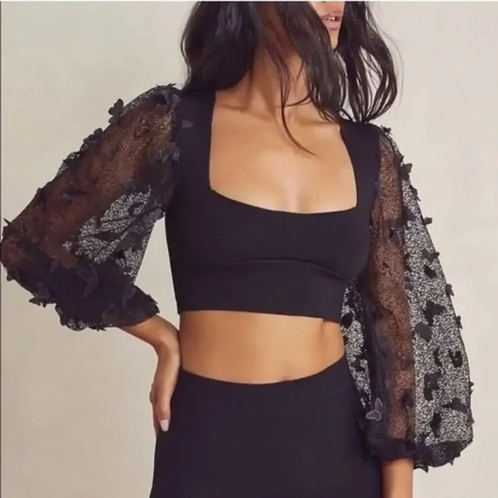 Free People Intimately Flutter By Sheer Mesh Billowy Sleeves Cropped Blouse